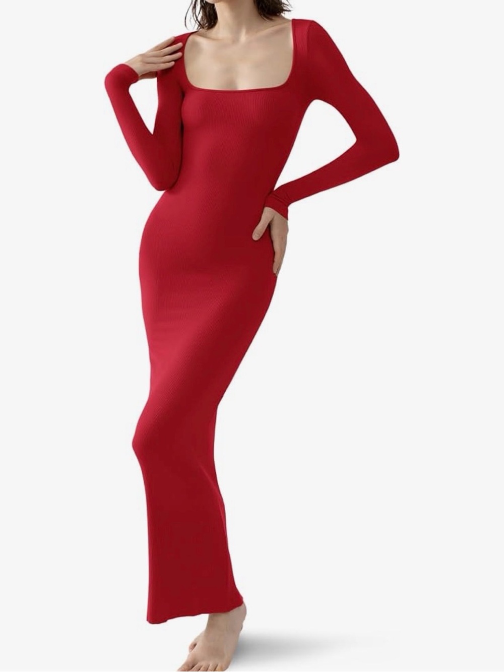 Pumiey Ribbed Red Long-Sleeve Scoop Neck Ribbed Maxi Dress